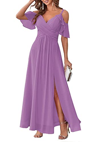 Spaghetti-Träger, Rüschenärmel, Brautjungfernkleider, Chiffon, Seitenschlitz, formelles Abendkleid für Damen, Dusty Purple, 42 von WSEYU