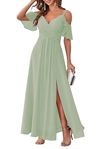 Spaghetti-Träger, Rüschenärmel, Brautjungfernkleider, Chiffon, Seitenschlitz, formelles Abendkleid für Damen, graugrün, 46 von WSEYU