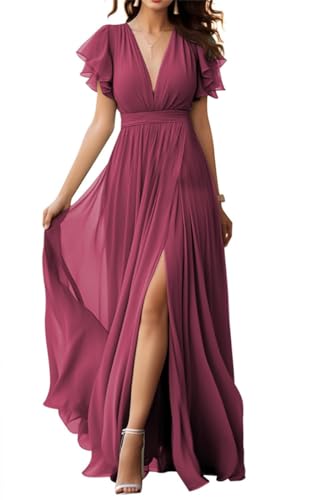 V-Ausschnitt Chiffon Brautjungfer Kleid mit Schlitz Flatterärmel Chiffon Plissee Formale Ballkleider für Frauen, Desert Rose, 40 von WSEYU