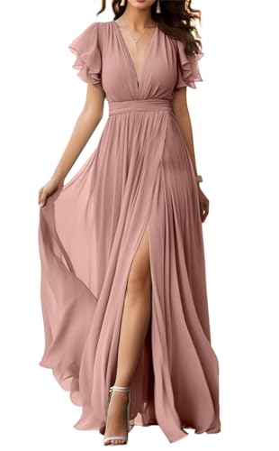 V-Ausschnitt Chiffon Brautjungfer Kleid mit Schlitz Flatterärmel Chiffon Plissee Formale Ballkleider für Frauen, Dusty Rose, 38 von WSEYU