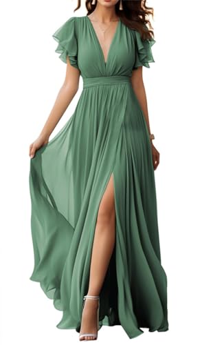 V-Ausschnitt Chiffon Brautjungfer Kleid mit Schlitz Flatterärmel Chiffon Plissee Formale Ballkleider für Frauen, Eukalyptus, 50 von WSEYU