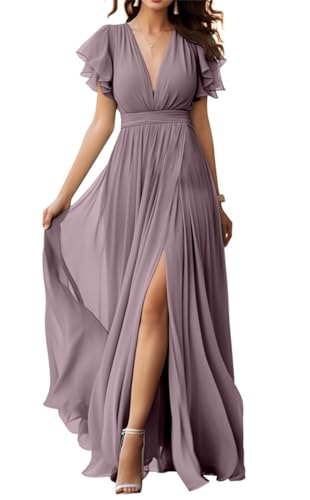 V-Ausschnitt Chiffon Brautjungfer Kleid mit Schlitz Flatterärmel Chiffon Plissee Formale Ballkleider für Frauen, Wisteria, 44 von WSEYU