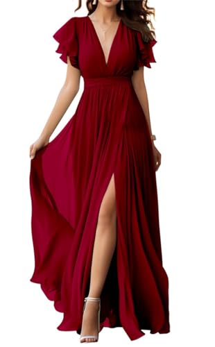 V-Ausschnitt Chiffon Brautjungfer Kleid mit Schlitz Flatterärmel Chiffon Plissee Formale Ballkleider für Frauen, burgunderfarben, 38 von WSEYU