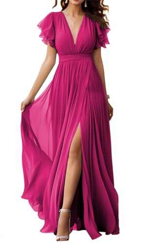 V-Ausschnitt Chiffon Brautjungfer Kleid mit Schlitz Flatterärmel Chiffon Plissee Formale Ballkleider für Frauen, fuchsia, 40 von WSEYU