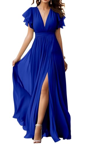 V-Ausschnitt Chiffon Brautjungfer Kleid mit Schlitz Flatterärmel Chiffon Plissee Formale Ballkleider für Frauen, königsblau, 52 von WSEYU