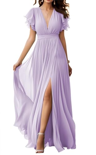 V-Ausschnitt Chiffon Brautjungfer Kleid mit Schlitz Flatterärmel Chiffon Plissee Formale Ballkleider für Frauen, lavendel, 42 von WSEYU