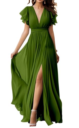 V-Ausschnitt Chiffon Brautjungfer Kleid mit Schlitz Flatterärmel Chiffon Plissee Formale Ballkleider für Frauen, olivgrün, 42 von WSEYU