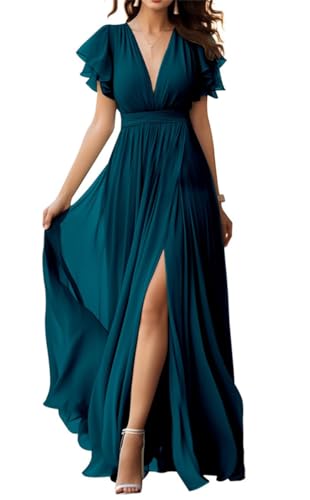 V-Ausschnitt Chiffon Brautjungfer Kleid mit Schlitz Flatterärmel Chiffon Plissee Formale Ballkleider für Frauen, pfau, 52 von WSEYU