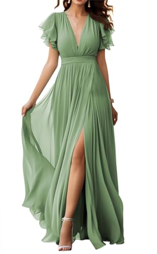 V-Ausschnitt Chiffon Brautjungfer Kleid mit Schlitz Flatterärmel Chiffon Plissee Formale Ballkleider für Frauen, salbeigrün, 42 von WSEYU