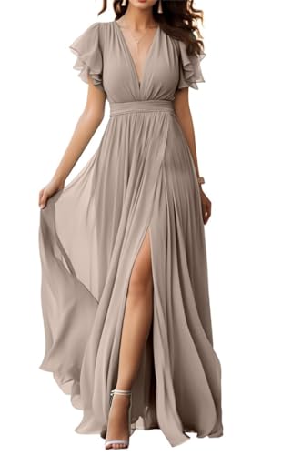 V-Ausschnitt Chiffon Brautjungfer Kleid mit Schlitz Flatterärmel Chiffon Plissee Formale Ballkleider für Frauen, taupe, 38 von WSEYU
