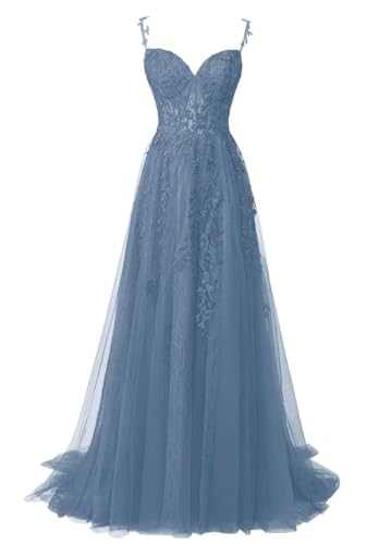 WSEYU A-Linie Brautjungfernkleider für Hochzeit mit Spitzenapplikationen Spaghettiträger formelle Party Abend Ballkleider, dusty blue, 38 von WSEYU