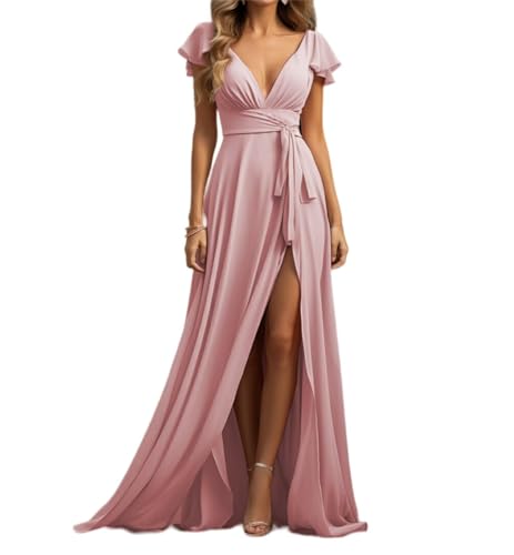 WSEYU Brautjungfernkleider aus Chiffon für Hochzeit, V-Ausschnitt, formelle Öffnung, Abendkleid mit kurzen Ärmeln, Puderrosa, 40 von WSEYU