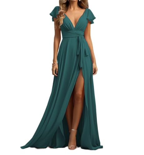 WSEYU Brautjungfernkleider aus Chiffon für Hochzeit, V-Ausschnitt, formelle Öffnung, Abendkleid mit kurzen Ärmeln, Teal, 34 von WSEYU