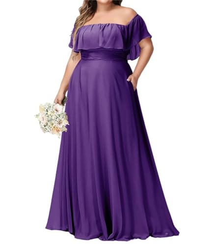 WSEYU Brautjungfernkleider in Übergröße, gerüscht, lang, Chiffon, Brautjungfernkleider, kurze Ärmel, violett, 54 Plus von WSEYU