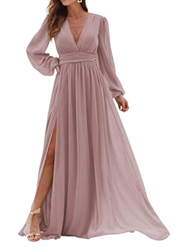 WSEYU C109 langes Brautjungfernkleid mit V-Ausschnitt, Chiffon, A-Linie, lange Ärmel, Ballkleid mit Taschen, rosa - dusty pink, 44 von WSEYU