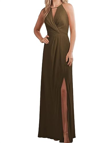 WSEYU Chiffon Halfter Brautjungfer Kleid für Hochzeit Lange Plissee Prom Party Kleid mit Schlitz, braun, 40 von WSEYU