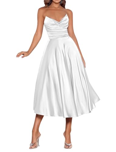 WSEYU Damen Ballkleider Teelänge Satin Brautjungfernkleider für Hochzeit mit Taschen Weiß EU 38 von WSEYU