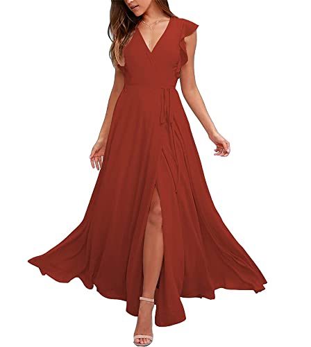 WSEYU Damen Chiffon Homecoming Cocktail Ballkleider mit Ärmeln A-Linie Schlitz lange Brautjungfer Kleider, rostrot, 38 von WSEYU