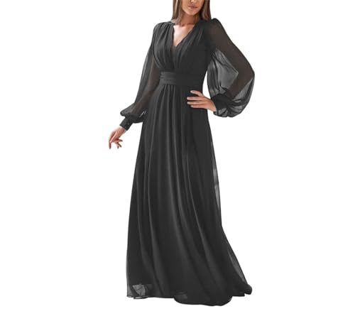 WSEYU Damen Langarm Brautjungfer Kleider V Ausschnitt Formelles Kleid Plissee Chiffon A-Linie Abendkleider Party Kleider, Schwarz , 50 Plus WSEYU Damen Langarm Brautjungfer Kleider V Ausschnitt Formelles Kleid Plissee Chiffon A-Linie Abendkleider Party Kleider, Schwarz , 50 Plus von WSEYU