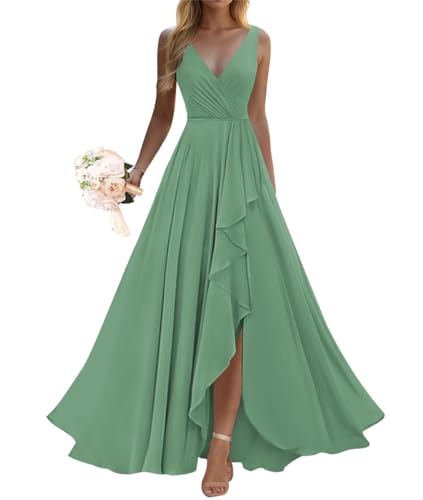 WSEYU Damen Rüschen Brautjungfernkleider Langer Schlitz Chiffon Plissee Formelles Abendkleid für Hochzeit, graugrün, 48 von WSEYU
