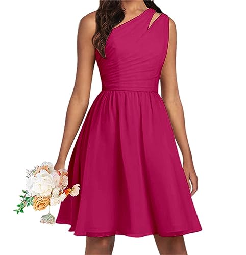 WSEYU Eine Schulter Brautjungfer Kleider Kurz Chiffon A-Linie Über dem Knie Formale Hochzeit Gast Kleid mit Taschen, fuchsia, 56 von WSEYU