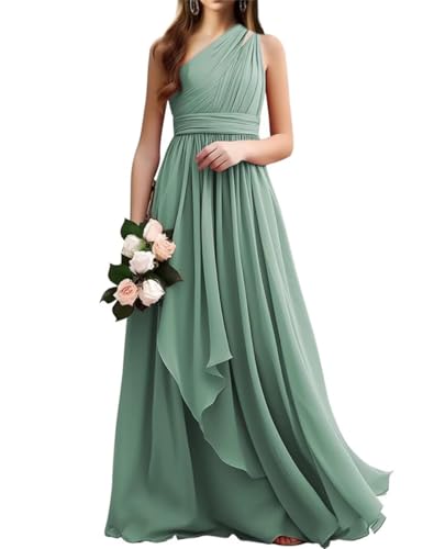 WSEYU Einschultriges Brautjungfernkleid, lang, Chiffon, gerüscht, Rüschen, formelles Ballkleid, Eukalyptus, 40 von WSEYU