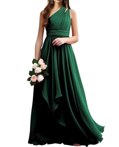 WSEYU Einschultriges Brautjungfernkleid, lang, Chiffon, gerüscht, Rüschen, formelles Ballkleid, smaragdgrün, 42 von WSEYU