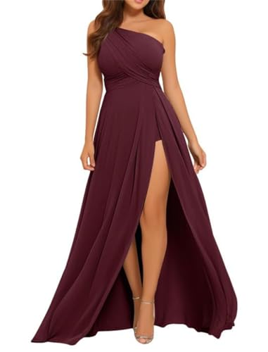 WSEYU Einschultriges Brautjungfernkleid mit Schlitz, Chiffon, formelle Kleider mit Taschen, Brautjungfernkleid, dunkles burgunderrot, 50 von WSEYU