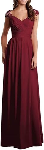 WSEYU Gerafftes Brautjungfernkleid mit V-Ausschnitt, lang, Chiffon, für Hochzeit, Gast, Abschlussball, Abendkleid, burgunderfarben, 32 von WSEYU