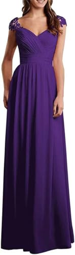 WSEYU Gerafftes Brautjungfernkleid mit V-Ausschnitt, lang, Chiffon, für Hochzeit, Gast, Abschlussball, Abendkleid, violett, 48 von WSEYU