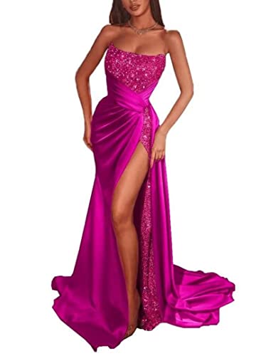 WSEYU Glitzer-Pailletten-Abschlussballkleid, Meerjungfrauen-Schlitz, Satin, Abendkleid, glitzernd, Stretch mit Zug HYY01, fuchsia, 36 von WSEYU