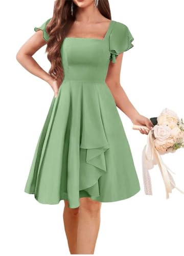 WSEYU Kleid mit V-Ausschnitt, kurze Ärmel, Brautjungfernkleid, Chiffon, Abschlussfeier, Cocktail, Partykleid, salbeigrün, 38 von WSEYU
