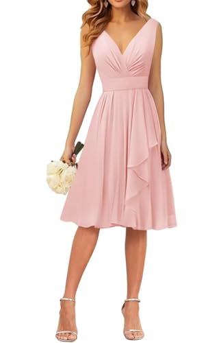 WSEYU Kleid mit V-Ausschnitt, kurze Brautjungfernkleider, Rüschen, Chiffon, Abschlussfeier, Cocktailparty, Kleid, Blush Pink, 36 von WSEYU