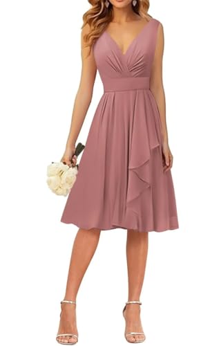 WSEYU Kleid mit V-Ausschnitt, kurze Brautjungfernkleider, Rüschen, Chiffon, Abschlussfeier, Cocktailparty, Kleid, Dusty Rose, 38 WSEYU Kleid mit V-Ausschnitt, kurze Brautjungfernkleider, Rüschen, Chiffon, Abschlussfeier, Cocktailparty, Kleid, Dusty Rose, 38 von WSEYU