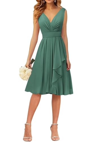 WSEYU Kleid mit V-Ausschnitt, kurze Brautjungfernkleider, Rüschen, Chiffon, Abschlussfeier, Cocktailparty, Kleid, Eukalyptus, 36 von WSEYU