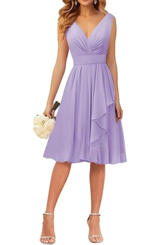WSEYU Kleid mit V-Ausschnitt, kurze Brautjungfernkleider, Rüschen, Chiffon, Abschlussfeier, Cocktailparty, Kleid, Flieder, 48 Plus von WSEYU