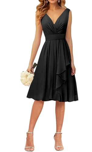 WSEYU Kleid mit V-Ausschnitt, kurze Brautjungfernkleider, Rüschen, Chiffon, Abschlussfeier, Cocktailparty, Kleid, Schwarz , 36 von WSEYU
