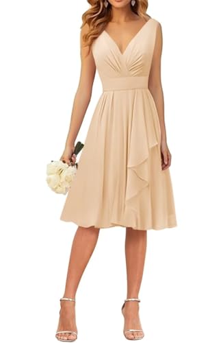 WSEYU Kleid mit V-Ausschnitt, kurze Brautjungfernkleider, Rüschen, Chiffon, Abschlussfeier, Cocktailparty, Kleid, champagnerfarben, 34 von WSEYU