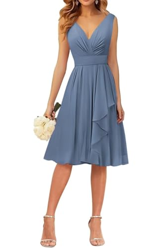 WSEYU Kleid mit V-Ausschnitt, kurze Brautjungfernkleider, Rüschen, Chiffon, Abschlussfeier, Cocktailparty, Kleid, dusty blue, 38 von WSEYU