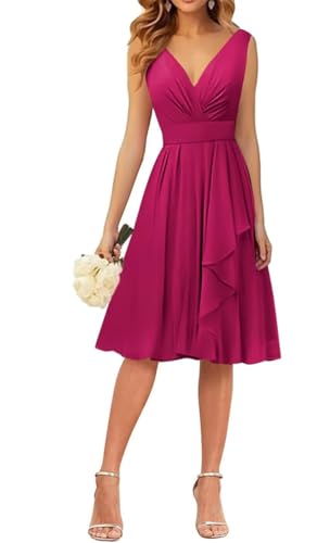 WSEYU Kleid mit V-Ausschnitt, kurze Brautjungfernkleider, Rüschen, Chiffon, Abschlussfeier, Cocktailparty, Kleid, fuchsia, 44 von WSEYU