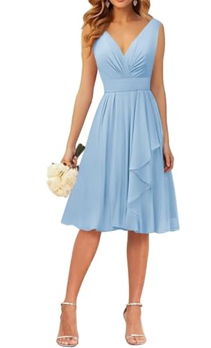 WSEYU Kleid mit V-Ausschnitt, kurze Brautjungfernkleider, Rüschen, Chiffon, Abschlussfeier, Cocktailparty, Kleid, hellblau, 42 von WSEYU