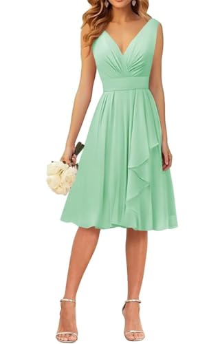 WSEYU Kleid mit V-Ausschnitt, kurze Brautjungfernkleider, Rüschen, Chiffon, Abschlussfeier, Cocktailparty, Kleid, mintgrün, 32 von WSEYU