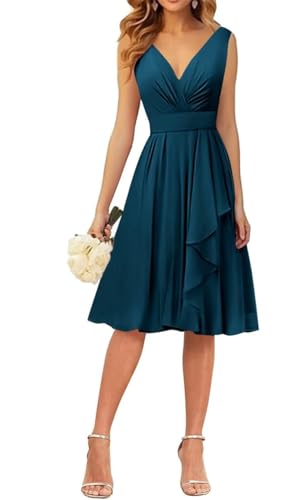 WSEYU Kleid mit V-Ausschnitt, kurze Brautjungfernkleider, Rüschen, Chiffon, Abschlussfeier, Cocktailparty, Kleid, pfau, 36 von WSEYU