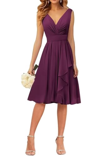 WSEYU Kleid mit V-Ausschnitt, kurze Brautjungfernkleider, Rüschen, Chiffon, Abschlussfeier, Cocktailparty, Kleid, pflaume, 34 von WSEYU