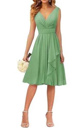 WSEYU Kleid mit V-Ausschnitt, kurze Brautjungfernkleider, Rüschen, Chiffon, Abschlussfeier, Cocktailparty, Kleid, salbeigrün, 48 von WSEYU