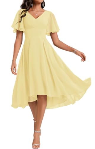 WSEYU Knielanges Brautjungfernkleid für Junioren, V-Ausschnitt, plissiert, Chiffon, Abendkleid, Gala-Gartenkleid, Narzissen, 34 von WSEYU