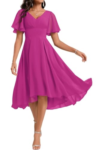 WSEYU Knielanges Brautjungfernkleid für Junioren, V-Ausschnitt, plissiert, Chiffon, Abendkleid, Gala-Gartenkleid, fuchsia, 54 Plus von WSEYU