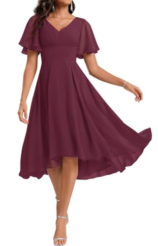 WSEYU Knielanges Brautjungfernkleid für Junioren, V-Ausschnitt, plissiert, Chiffon, Abendkleid, Gala-Gartenkleid, mulberry, 40 von WSEYU