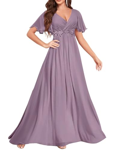 WSEYU Kurzärmeliges Kleid für die Brautmutter und Bräutigam, Spitzenapplikation, Chiffon, formelle Abendkleider für Großmutter, Wisteria, 58 Plus von WSEYU