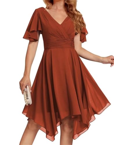 WSEYU Kurzes Brautjungfernkleid mit V-Ausschnitt, asymmetrisch, Abschlussfeier, Cocktail-Party, Kleid ZM145, rostrot, 50 Plus von WSEYU